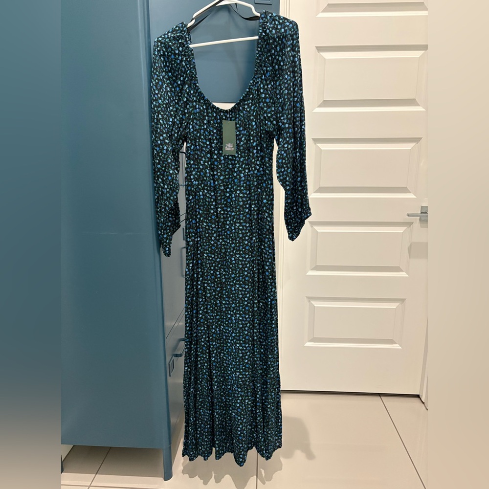 Wild Fable Floral Print Long Sleeve Tiered Prairie Dress Blue/Black Size XL
